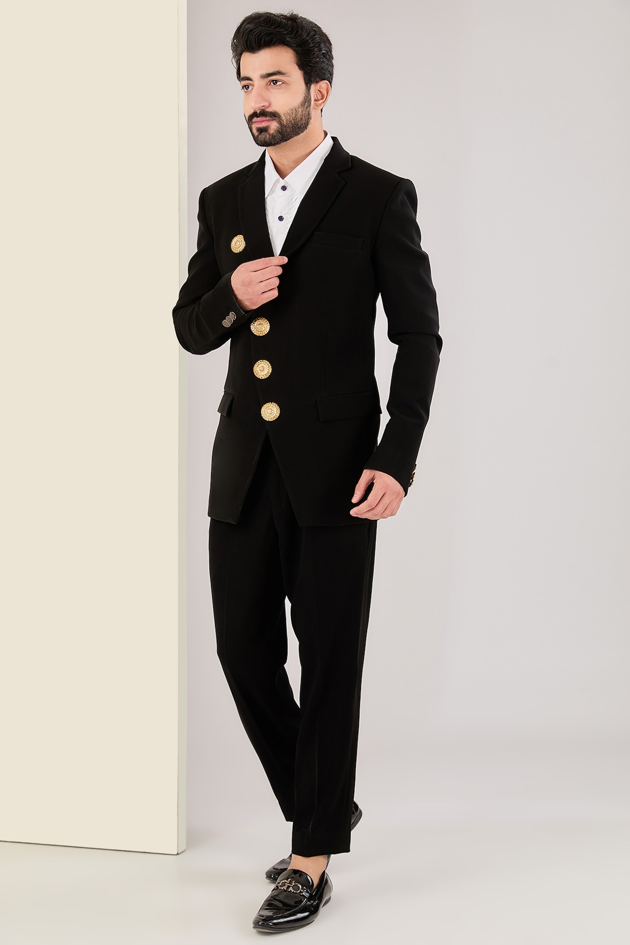 Black Italian Fabric Embellished Suit Set by Kudrat Couture at