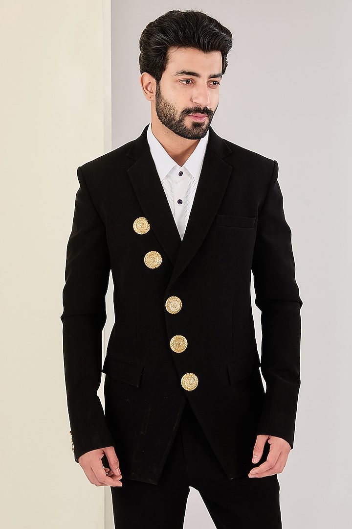 Black Italian Fabric Embellished Suit Set by Kudrat Couture at Pernia's Pop Up Shop