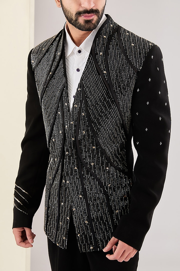 Black Italian Fabric Cutdana Hand Embroidered Suit Set by Kudrat Couture at Pernia's Pop Up Shop