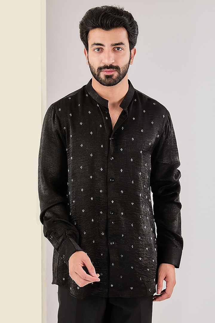 Black Satin Hand Embroidered Shirt by Kudrat Couture