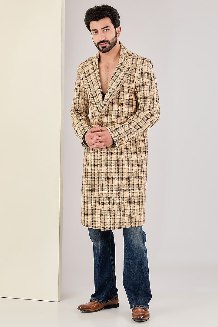 Beige Wool Checks Printed Jacket by Kudrat Couture