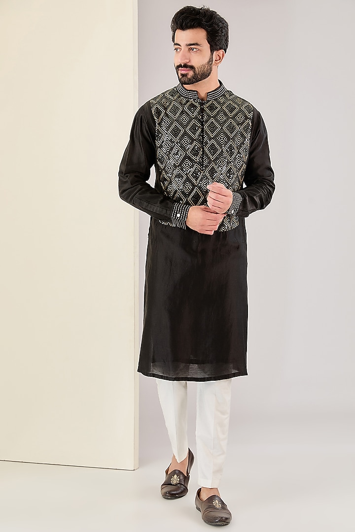 Black Chanderi Silk Zari Embroidered Kurta Set by Kudrat Couture