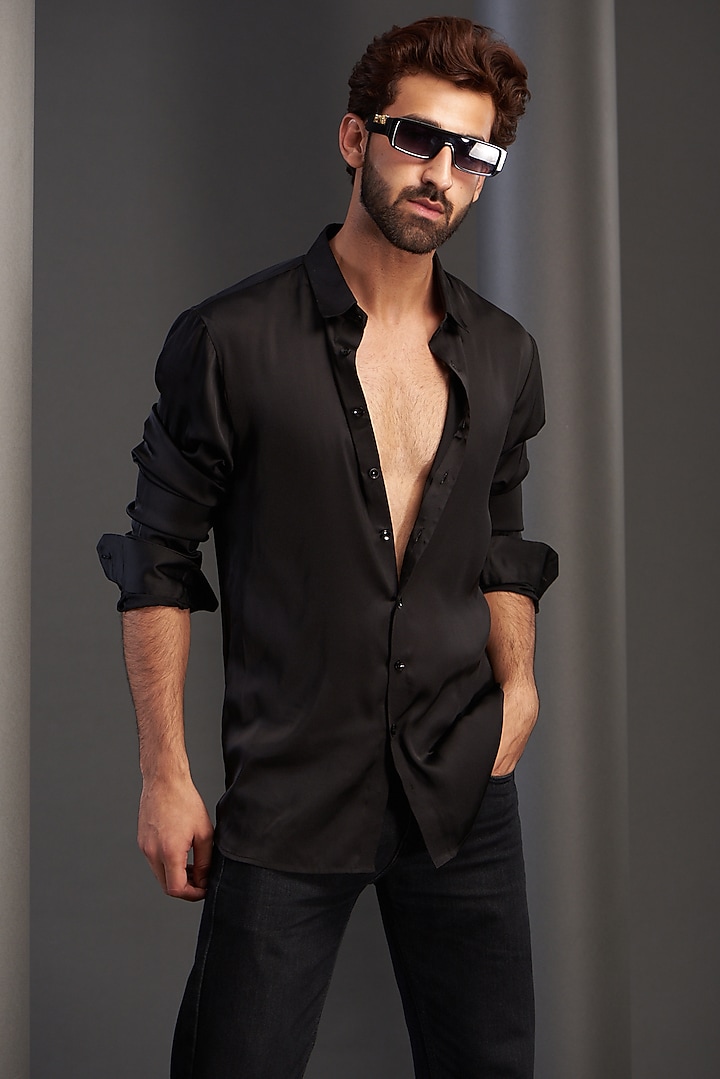 Black Satin Party Wear Shirt by Kudrat Couture at Pernia's Pop Up Shop