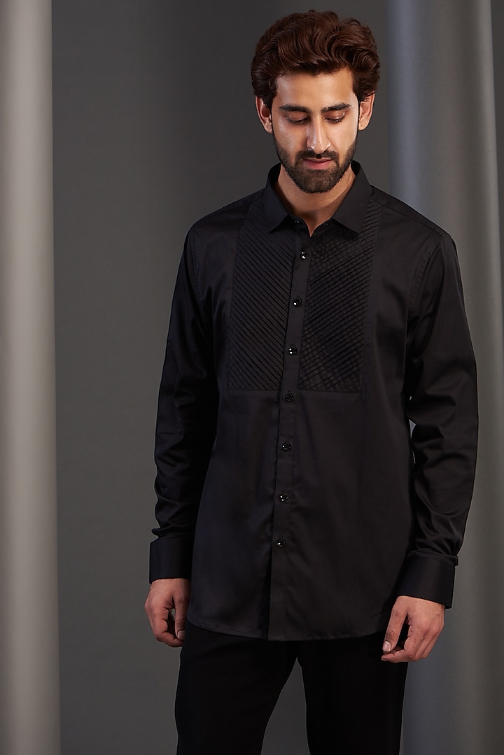 Black Cotton Pintuck Shirt by Kudrat Couture