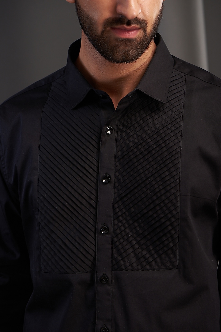 Black Cotton Pintuck Party Wear Shirt by Kudrat Couture at Pernia's Pop Up Shop