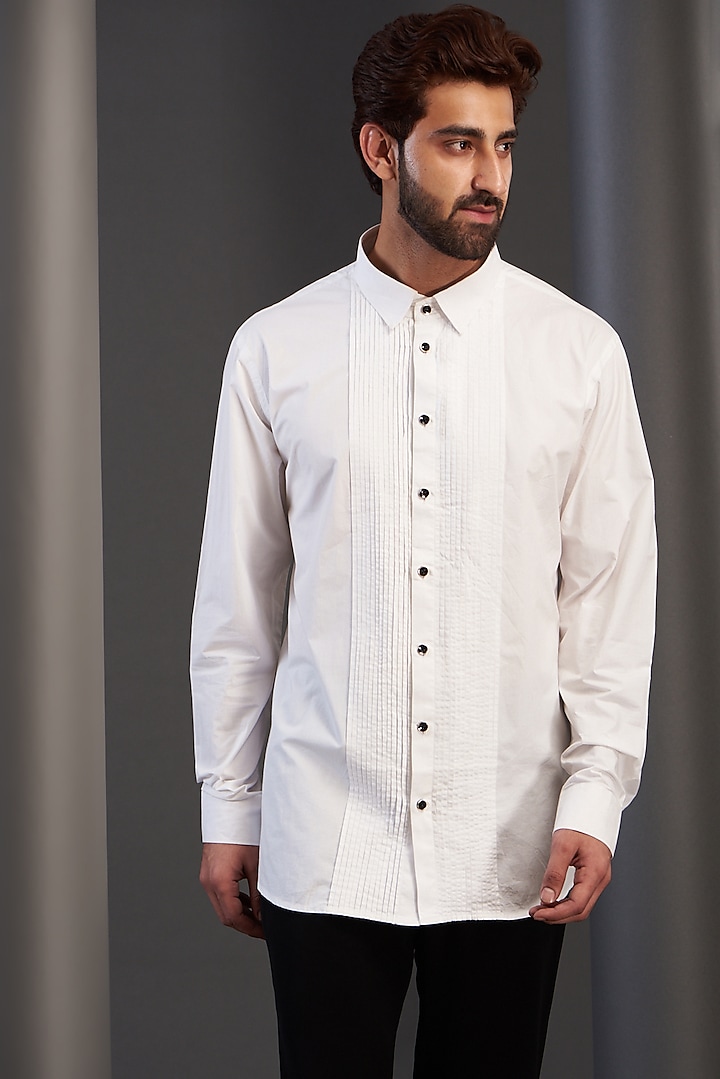 White Cotton Pintuck Shirt by Kudrat Couture