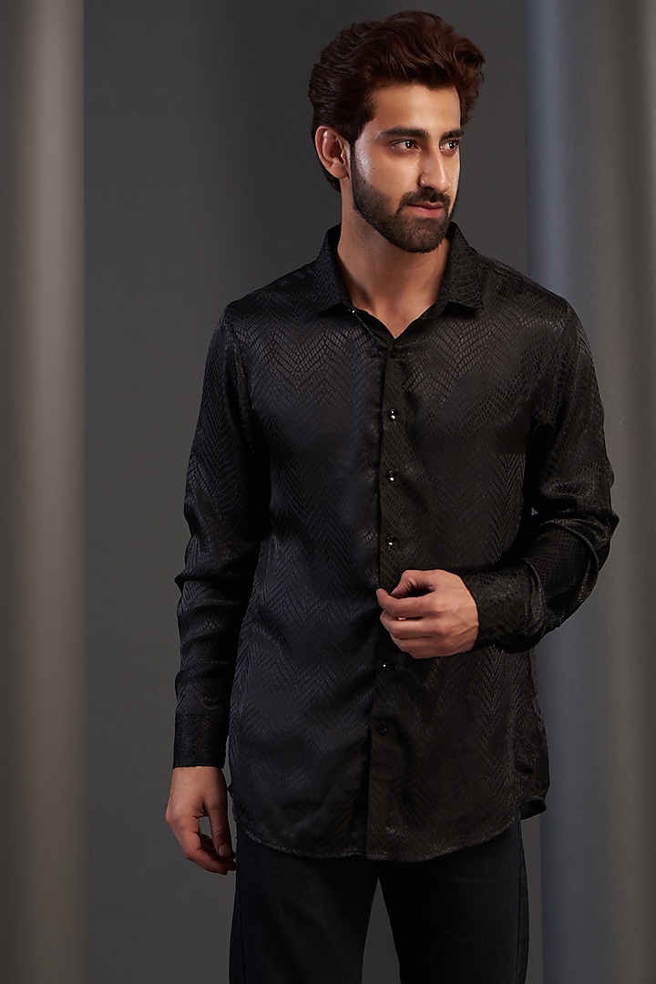 Black Satin Textured Shirt by Kudrat Couture