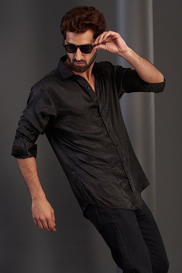 Black Satin Textured Party Wear Shirt by Kudrat Couture at Pernia's Pop Up Shop