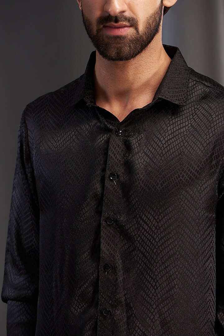 Black Satin Textured Party Wear Shirt by Kudrat Couture at Pernia's Pop Up Shop