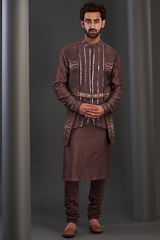 Wine Chanderi Silk & Raw Silk Hand Embroidered Kurta Set by Kudrat Couture