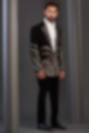 Black Imported Italian Fabric Hand Embroidered Tuxedo Set by Kudrat Couture at Pernia's Pop Up Shop
