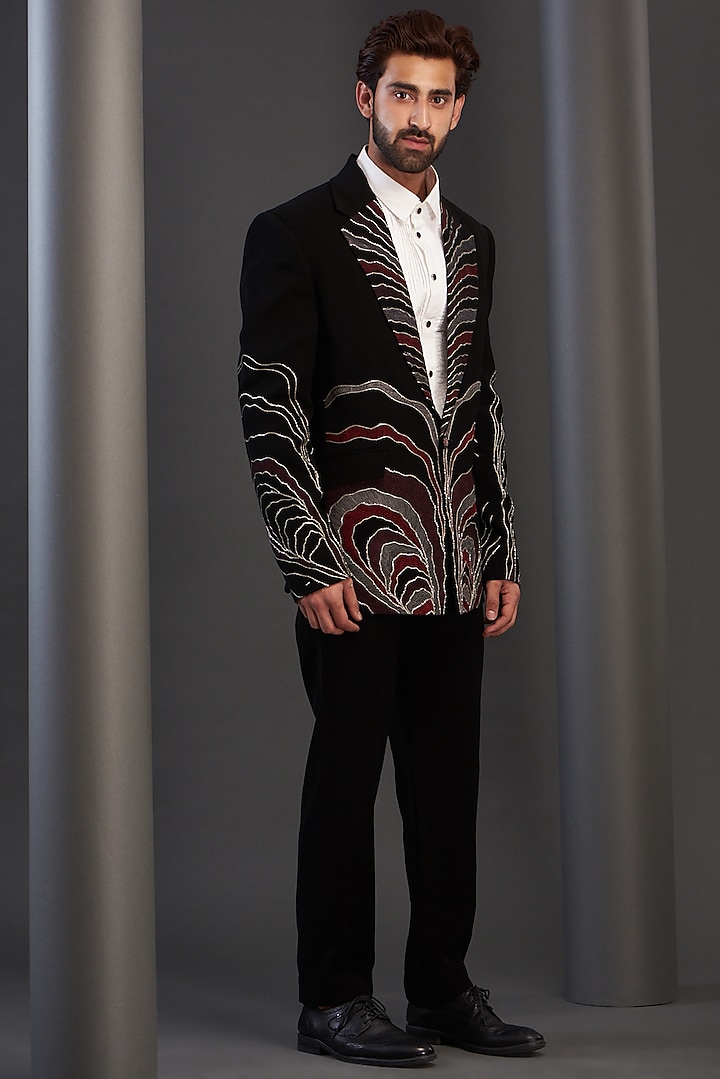 Black Imported Italian Fabric Hand Embroidered Tuxedo Set by Kudrat Couture at Pernia's Pop Up Shop