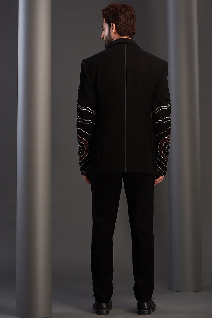 Black Imported Italian Fabric Hand Embroidered Tuxedo Set by Kudrat Couture at Pernia's Pop Up Shop