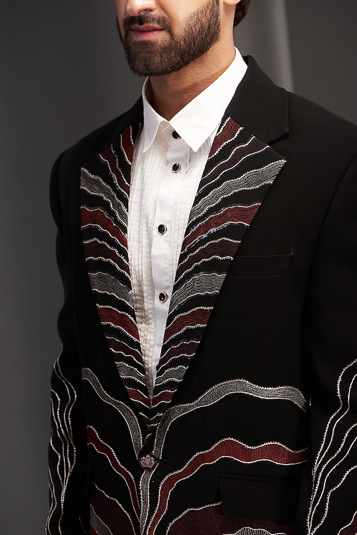 Black Imported Italian Fabric Hand Embroidered Tuxedo Set by Kudrat Couture at Pernia's Pop Up Shop