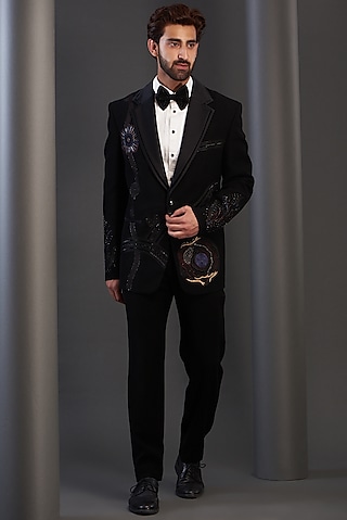 Black Imported Italian Fabric Hand Embroidered Tuxedo Set by Kudrat Couture