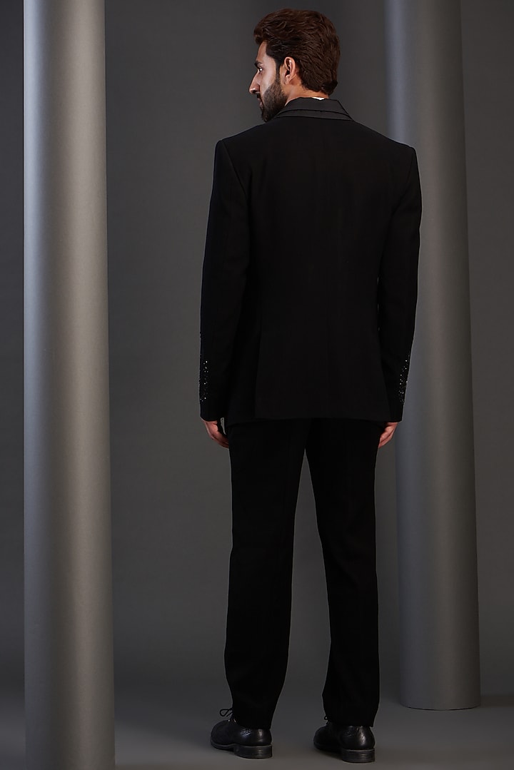 Black Imported Italian Fabric Hand Embroidered Tuxedo Set by Kudrat Couture at Pernia's Pop Up Shop