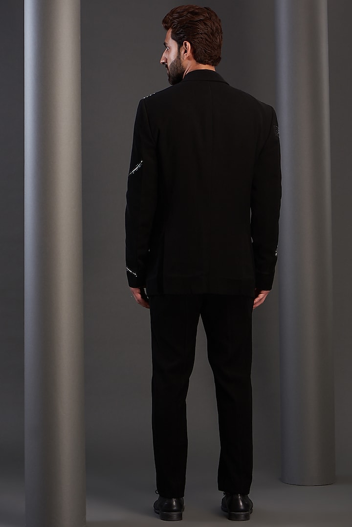 Black Imported Italian Fabric Hand Embroidered Tuxedo Set by Kudrat Couture at Pernia's Pop Up Shop
