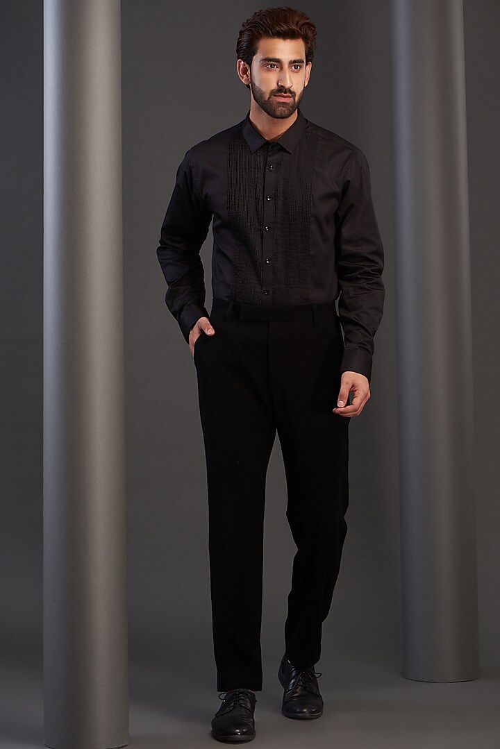 Black Imported Italian Fabric Hand Embroidered Tuxedo Set by Kudrat Couture at Pernia's Pop Up Shop