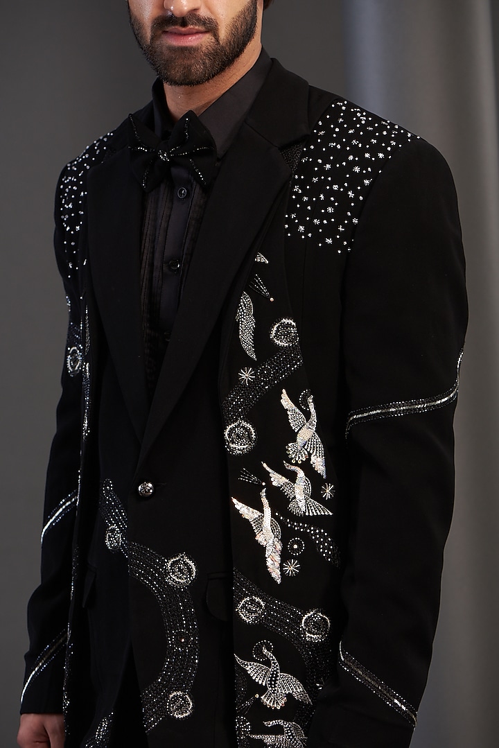 Black Imported Italian Fabric Hand Embroidered Tuxedo Set by Kudrat Couture at Pernia's Pop Up Shop