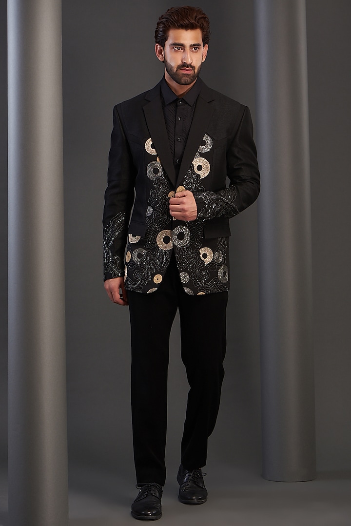 Black Imported Italian Fabric Hand Embroidered Tuxedo Set by Kudrat Couture at Pernia's Pop Up Shop
