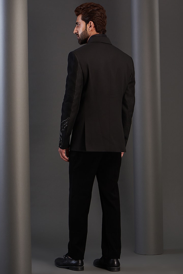 Black Imported Italian Fabric Hand Embroidered Tuxedo Set by Kudrat Couture at Pernia's Pop Up Shop