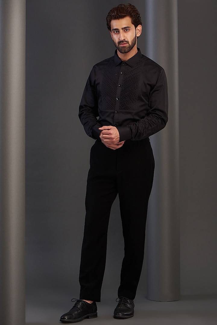 Black Imported Italian Fabric Hand Embroidered Tuxedo Set by Kudrat Couture at Pernia's Pop Up Shop