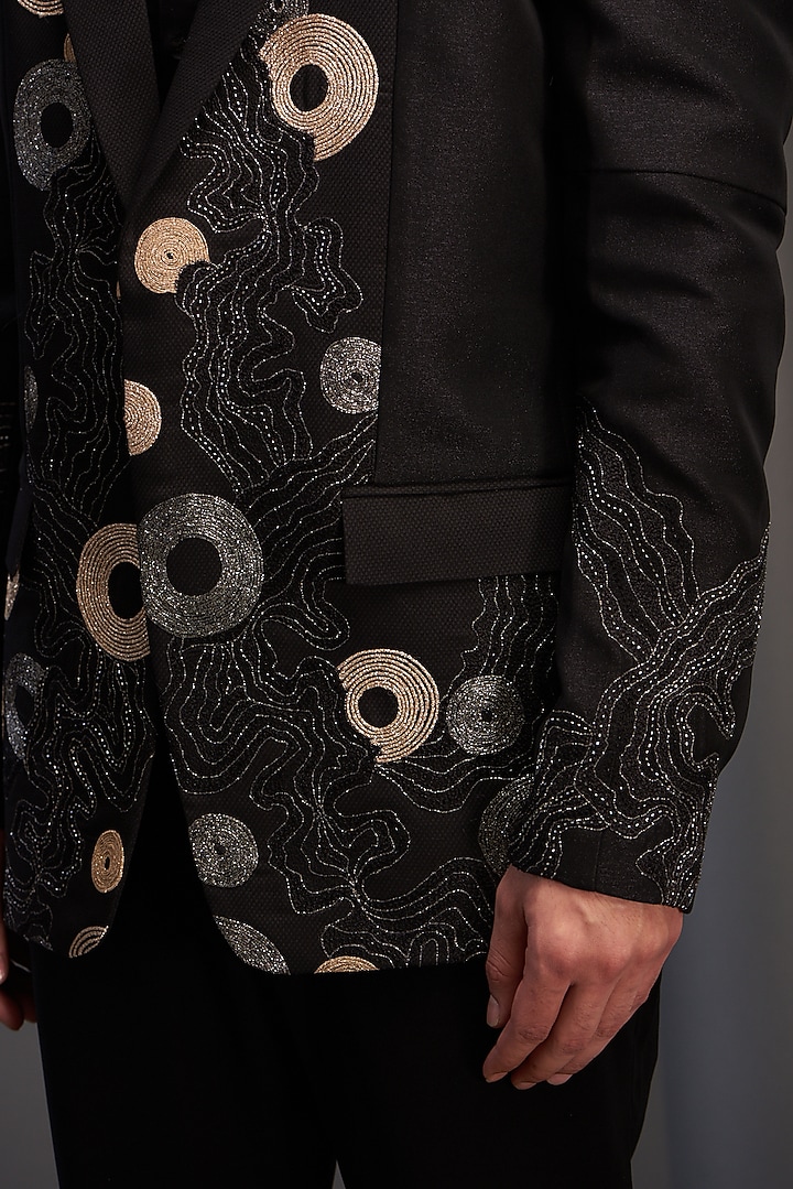 Black Imported Italian Fabric Hand Embroidered Tuxedo Set by Kudrat Couture at Pernia's Pop Up Shop