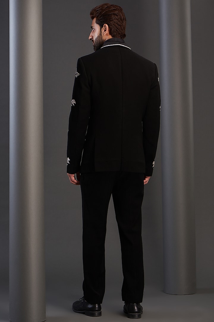 Black Imported Italian Fabric Hand Embroidered Tuxedo Set by Kudrat Couture at Pernia's Pop Up Shop