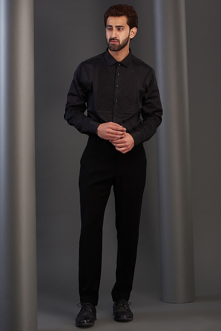 Black Imported Italian Fabric Hand Embroidered Tuxedo Set by Kudrat Couture at Pernia's Pop Up Shop