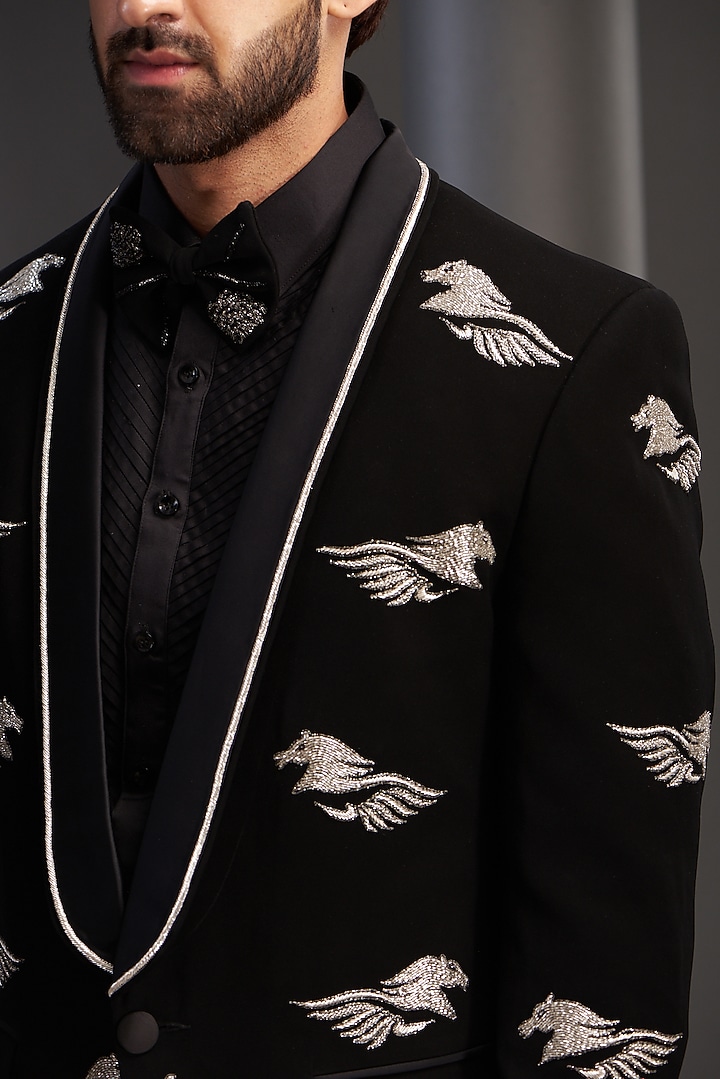 Black Imported Italian Fabric Hand Embroidered Tuxedo Set by Kudrat Couture at Pernia's Pop Up Shop