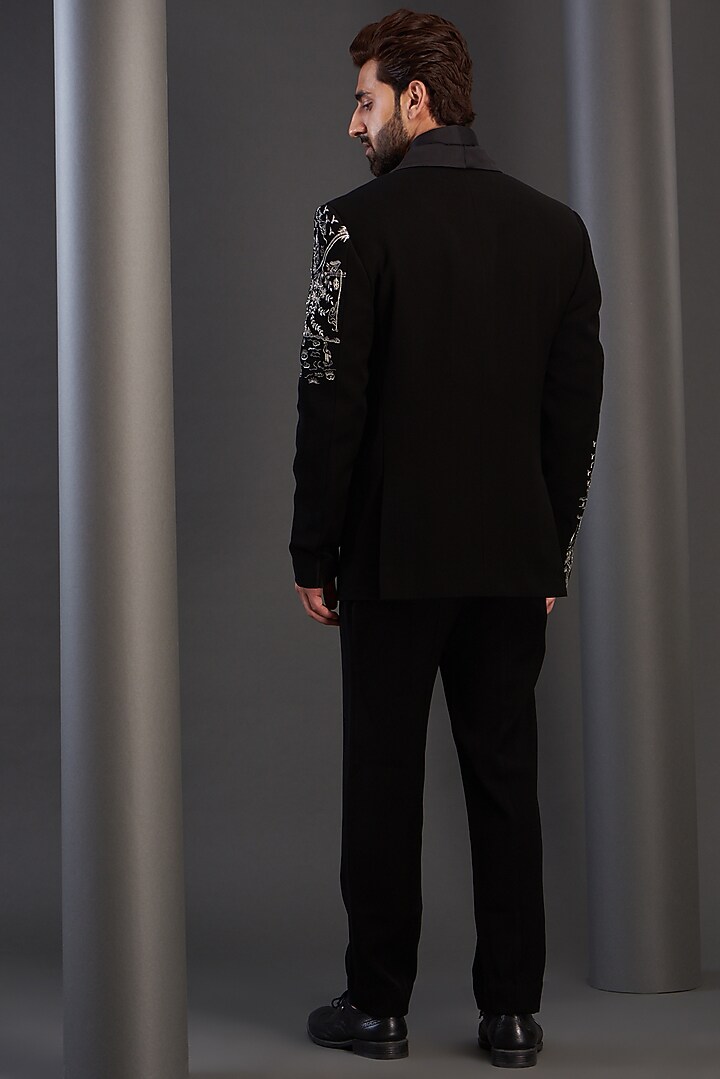Black Imported Italian Fabric Hand Embroidered Tuxedo Set by Kudrat Couture at Pernia's Pop Up Shop