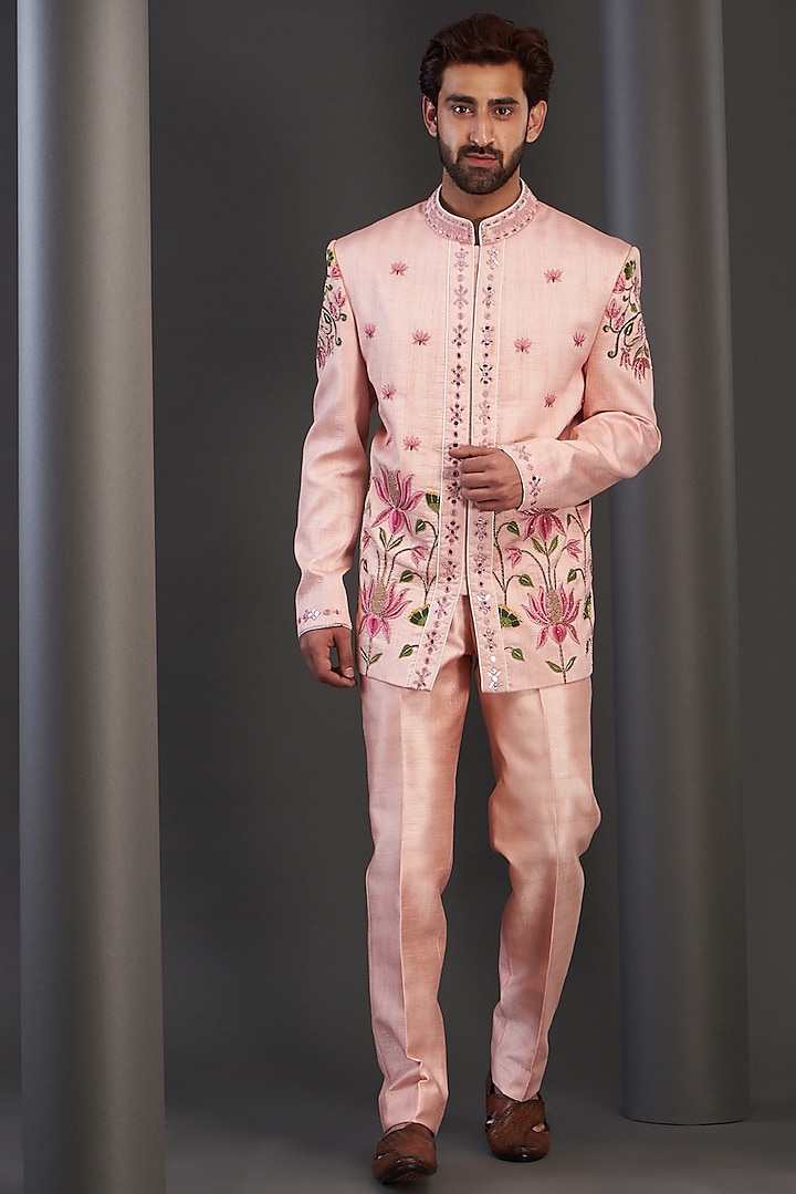 Pink Silk Hand Embroidered Bandhgala Set by Kudrat Couture