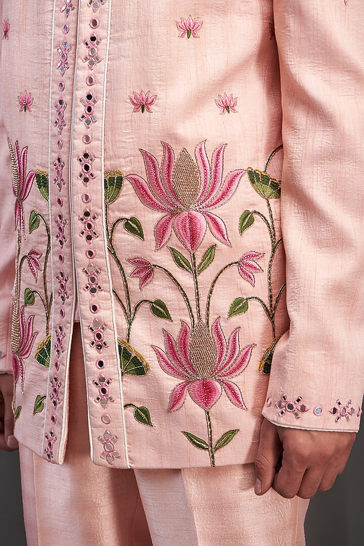 Pink Silk Hand Embroidered Wedding Bandhgala Set by Kudrat Couture at Pernia's Pop Up Shop