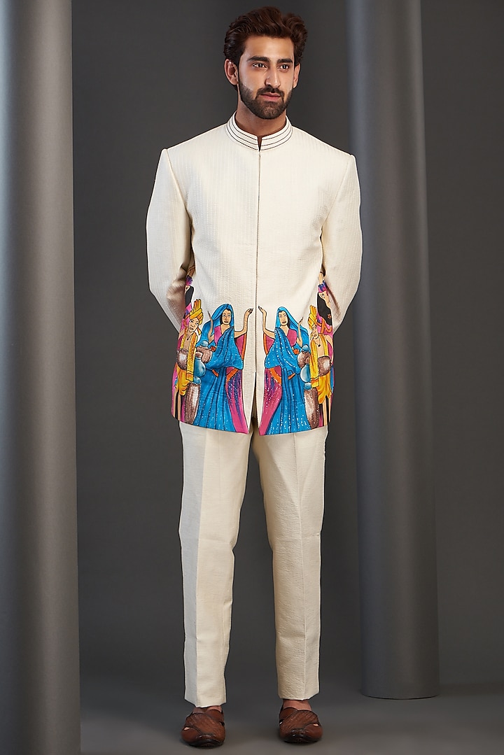 Off-White Silk Hand Painted Wedding Bandhgala Set by Kudrat Couture at Pernia's Pop Up Shop