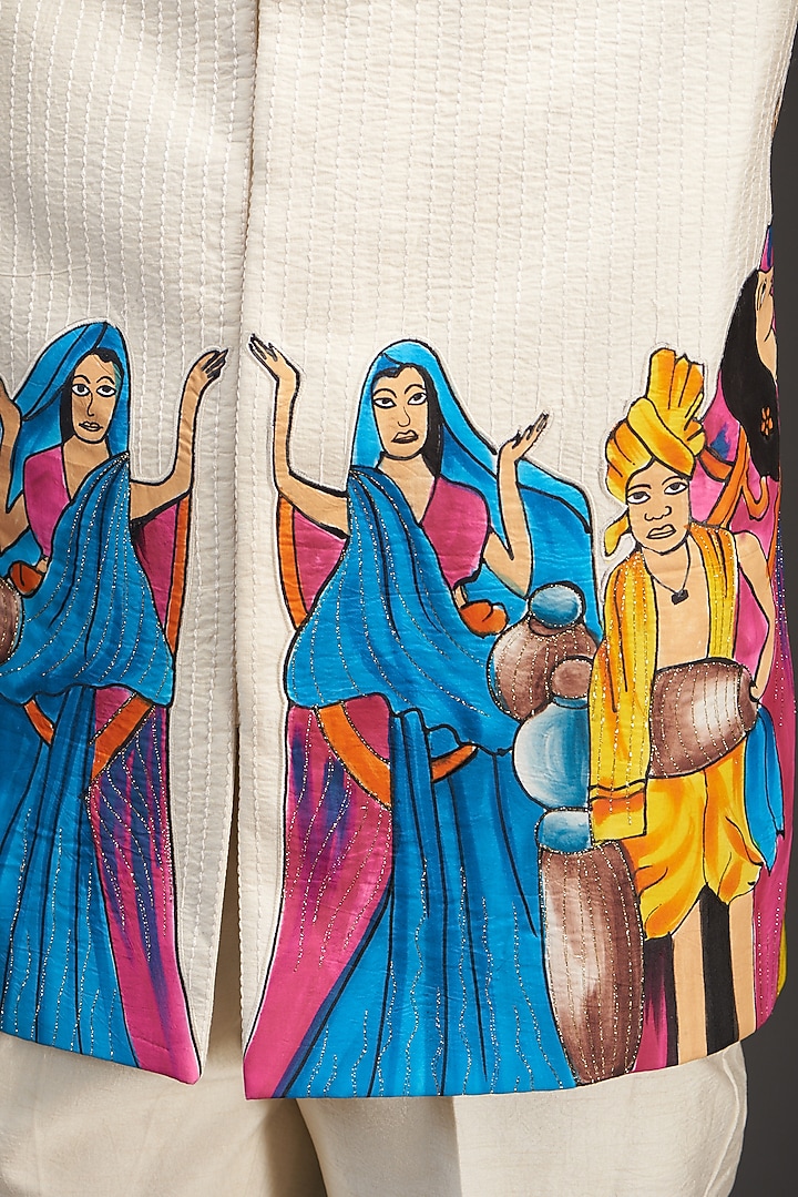 Off-White Silk Hand Painted Wedding Bandhgala Set by Kudrat Couture at Pernia's Pop Up Shop