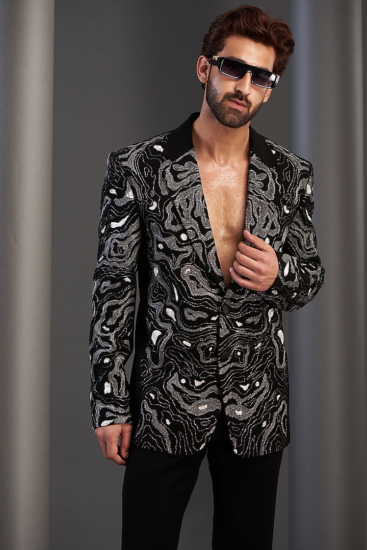 Black Imported Italian Fabric Embroidered Tuxedo Set by Kudrat Couture