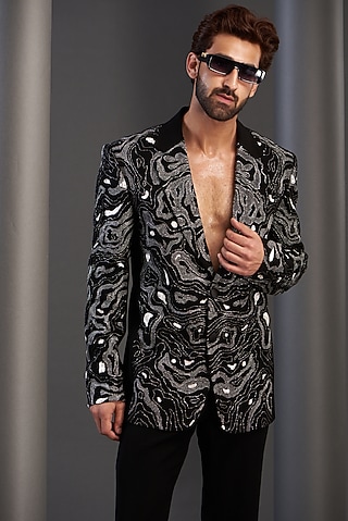 Black Imported Italian Fabric Embroidered Tuxedo Set by Kudrat Couture