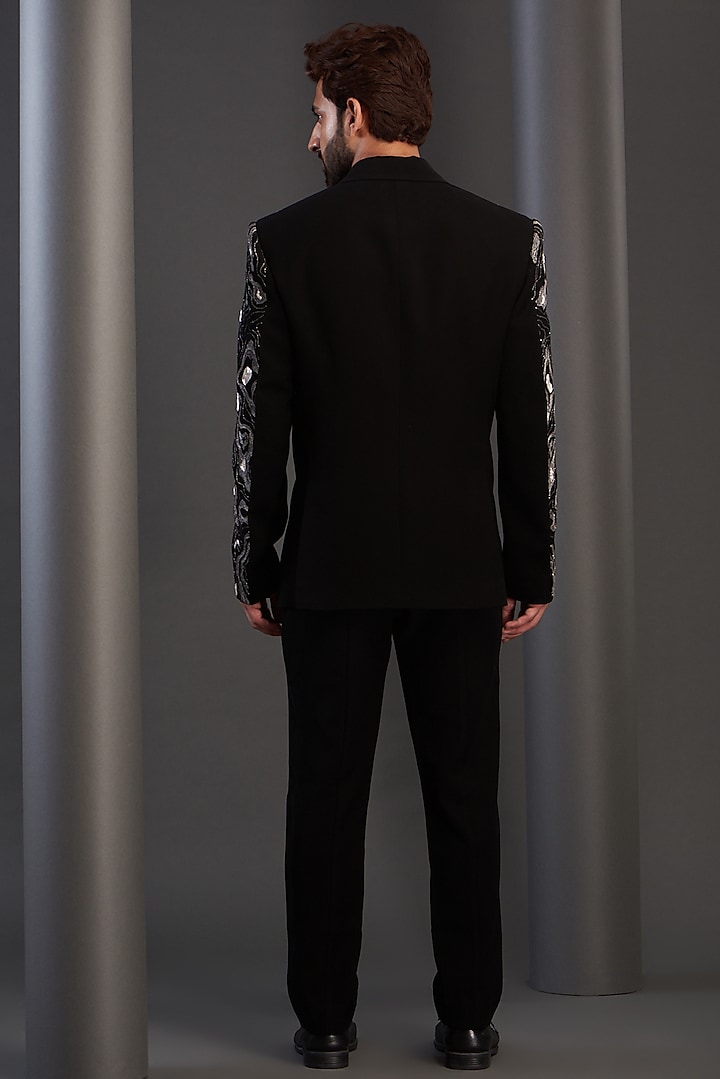 Black Imported Italian Fabric Embroidered Tuxedo Set by Kudrat Couture at Pernia's Pop Up Shop