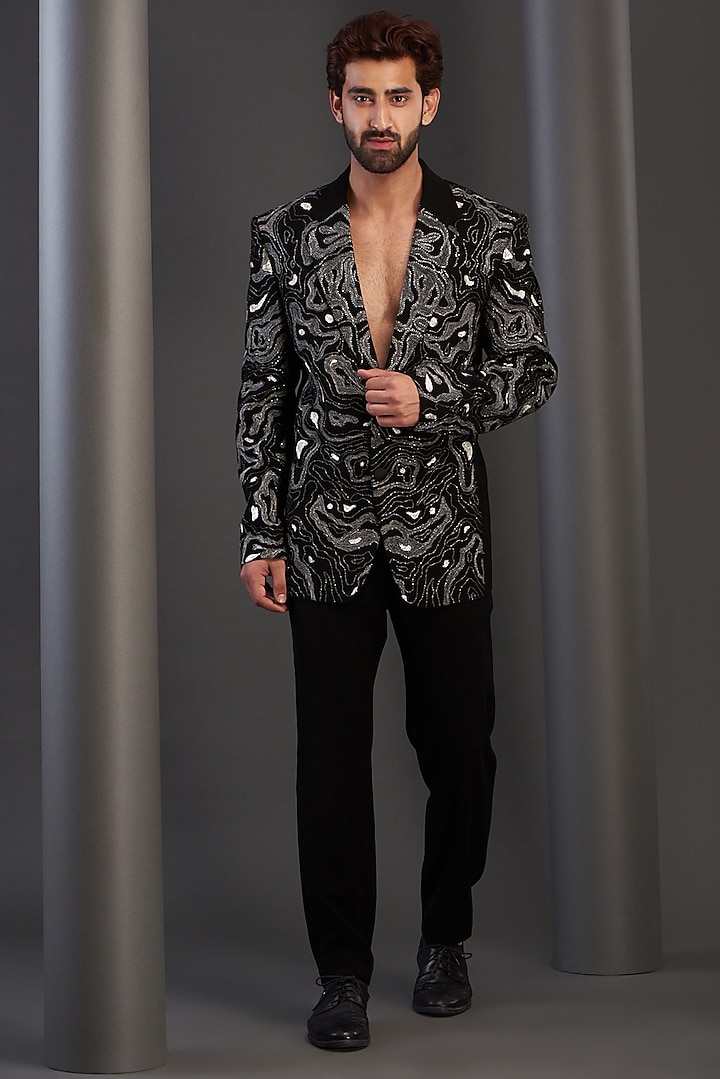Black Imported Italian Fabric Embroidered Tuxedo Set by Kudrat Couture at Pernia's Pop Up Shop