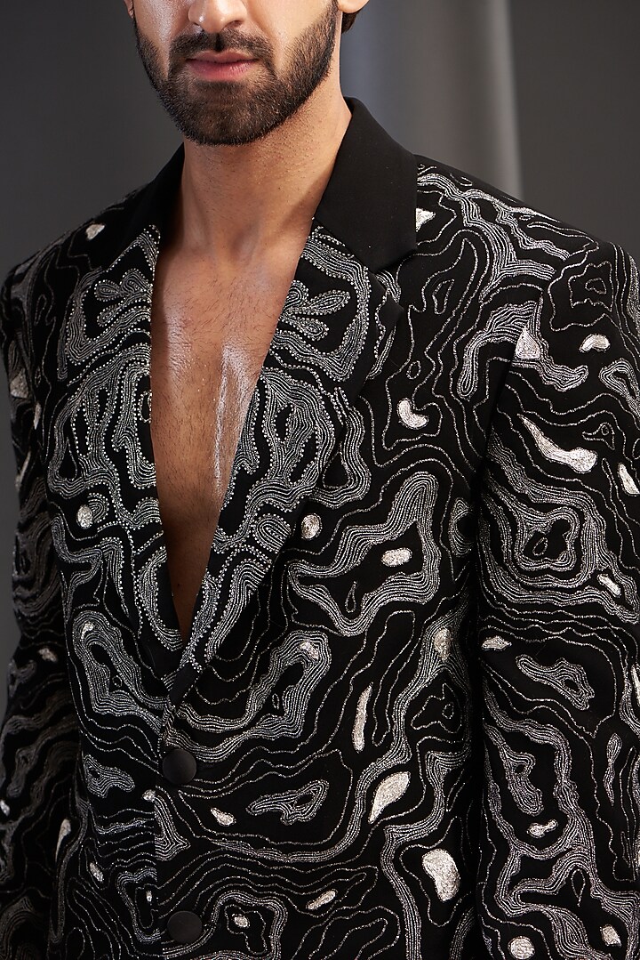 Black Imported Italian Fabric Embroidered Tuxedo Set by Kudrat Couture at Pernia's Pop Up Shop
