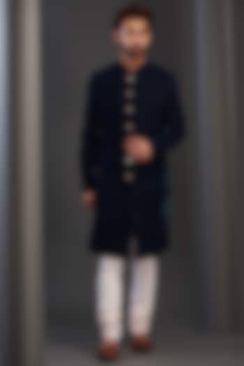 Blue Velvet Sherwani Set by Kudrat Couture at Pernia's Pop Up Shop