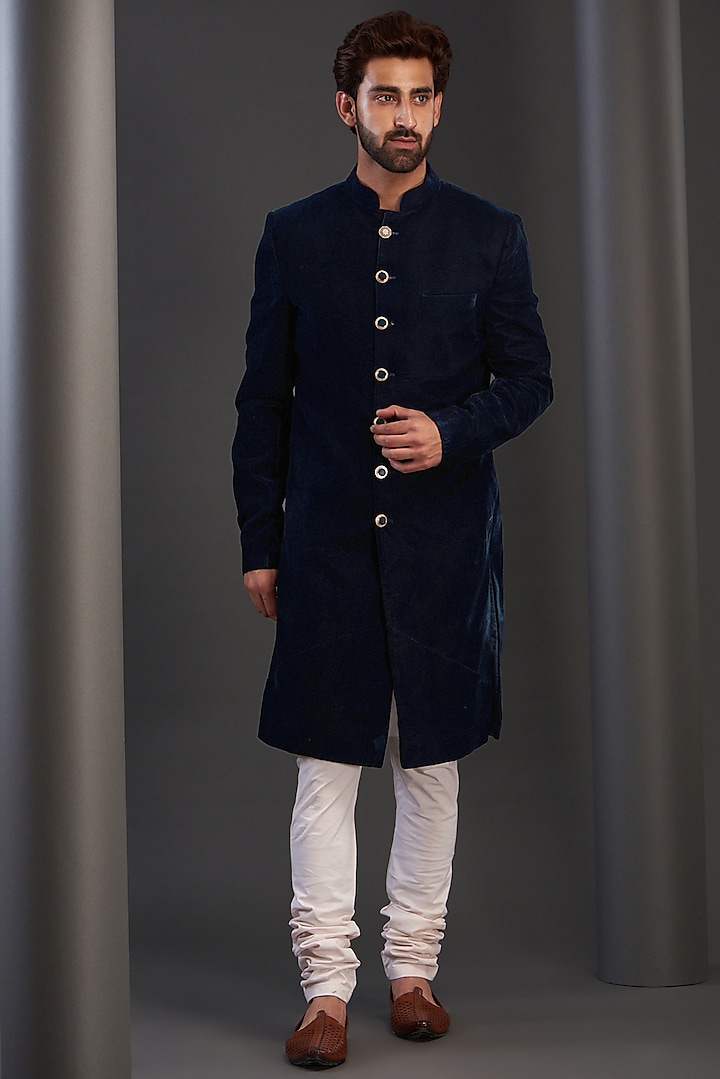 Blue Velvet Sherwani Set by Kudrat Couture at Pernia's Pop Up Shop