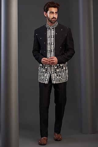 Black Silk Hand Embroidered Bandhgala Set by Kudrat Couture