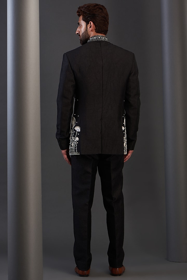 Black Silk Hand Embroidered Wedding Bandhgala Set by Kudrat Couture at Pernia's Pop Up Shop
