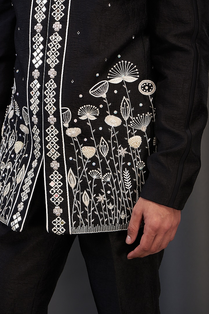 Black Silk Hand Embroidered Wedding Bandhgala Set by Kudrat Couture at Pernia's Pop Up Shop