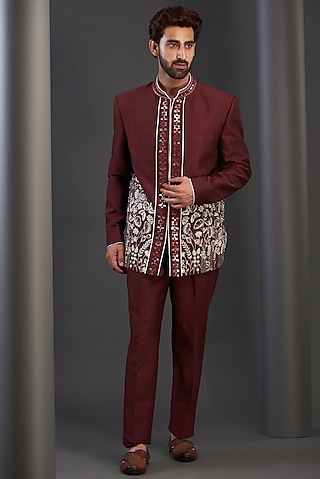 Red Silk Hand Embroidered Bandhgala Set by Kudrat Couture