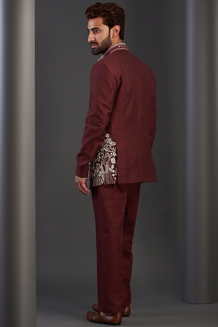 Red Silk Hand Embroidered Wedding Bandhgala Set by Kudrat Couture at Pernia's Pop Up Shop