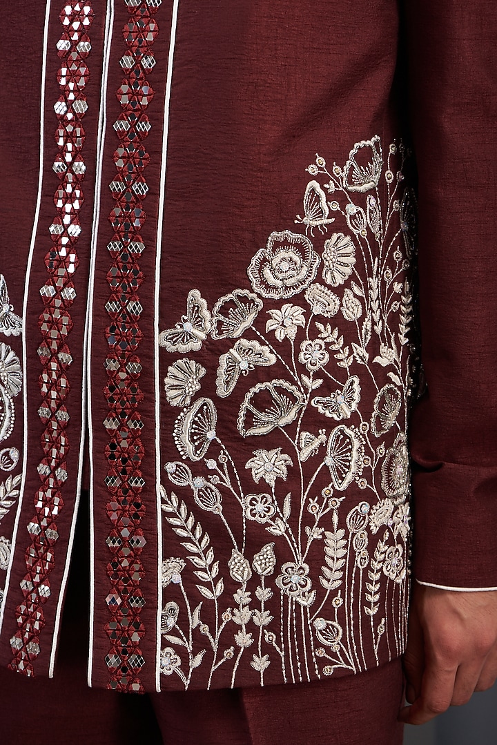 Red Silk Hand Embroidered Wedding Bandhgala Set by Kudrat Couture at Pernia's Pop Up Shop
