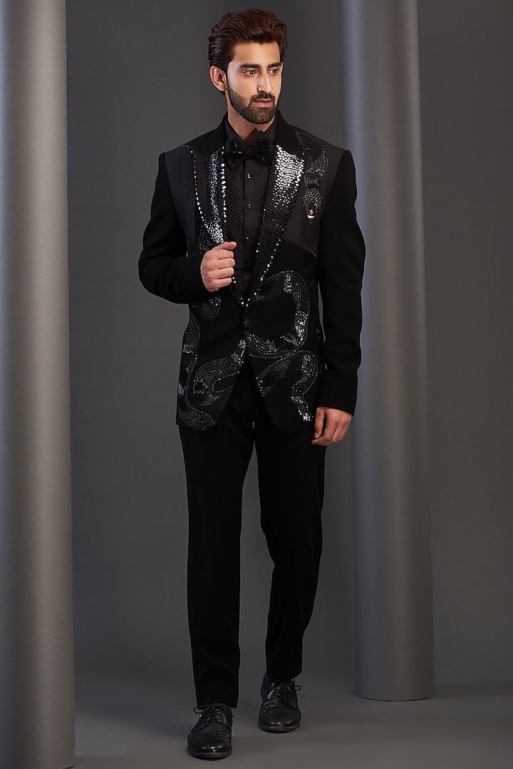 Black Imported Italian Fabric Embroidered Tuxedo Set by Kudrat Couture