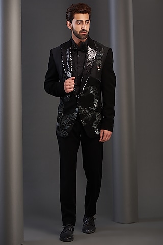 Black Imported Italian Fabric Embroidered Tuxedo Set by Kudrat Couture